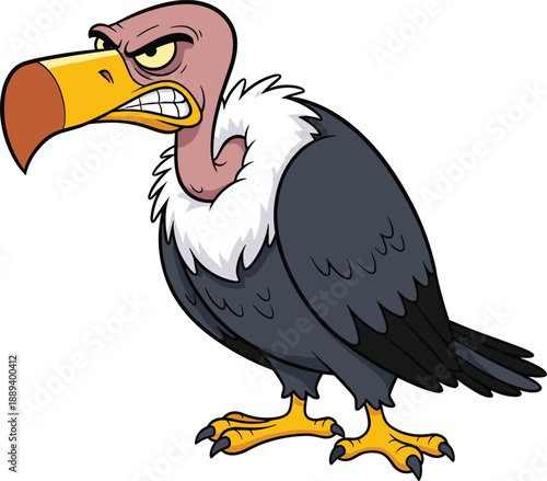 Cartoon illustration of a grumpy vulture scavenger character with an angry expression and large beak isolated on white background for wildlife nature 