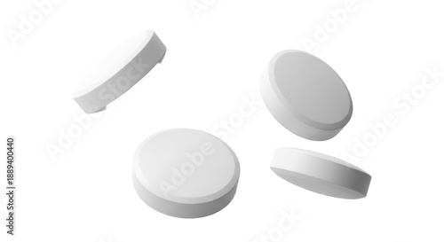Three white round pills or tablets floating at different angles, medical mockup. Isolated on transparent background, png