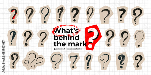 Scrapbook doodle crayon question mark collection on checkered background. Punctuation typography symbols for collages. Vector crayon question marks on craft torn paper. Problem solving concept.