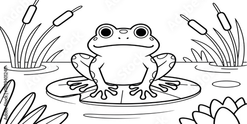A cute green cartoon frog sitting on a leaf in the water is a happy nature vector illustration featuring a funny character with a smile and isolated wildlife art