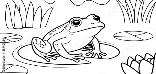 Funny green cartoon frog character sitting on a leaf in nature, a cute wildlife amphibian illustration with big eyes isolated as a vector reptile toad