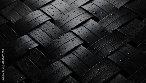Close-up view of a dark woven wooden texture with water droplets