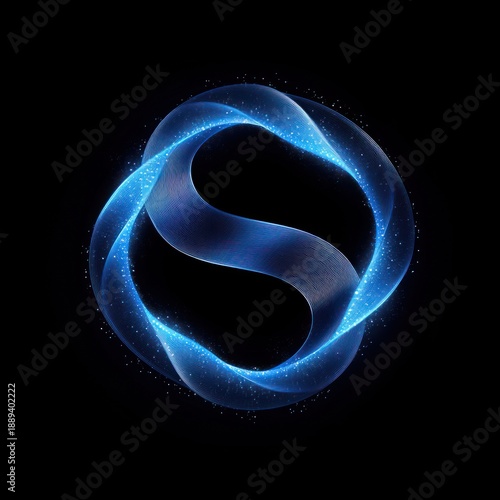 Glowing blue abstract swirling ribbon forming a smooth circular shape with sparkling particle effects on a black background, evoking a sense of energy and motion