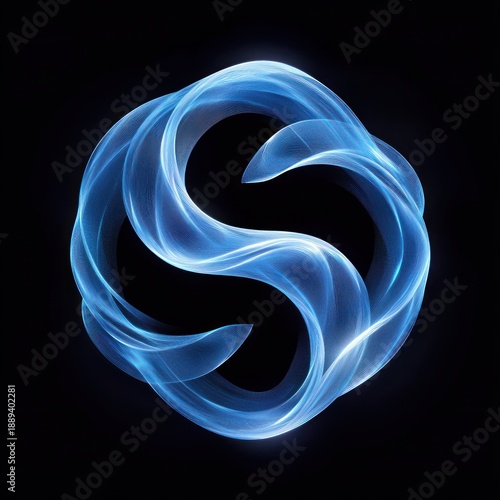 Glowing blue abstract swirling ribbon forming a dynamic circular shape on a black background, evoking fluidity and energy