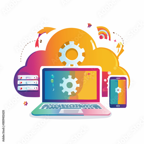 Vector illustration of technology tools including laptop and smartphone with cloud server and gear icons