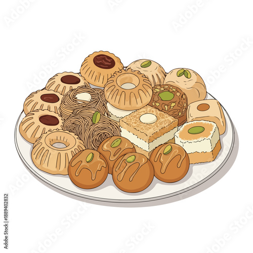 A delightful plate brimming with an assortment of Middle Eastern desserts and sweets, featuring baklava, ma'amoul, and other traditional delicacies