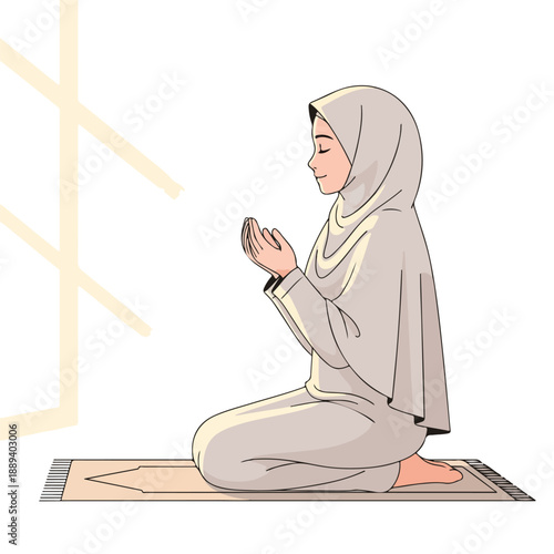 A woman wearing a hijab is seen kneeling and praying on a prayer mat, with soft sunlight filtering in from a window, creating a serene and peaceful atmosphere of devotion