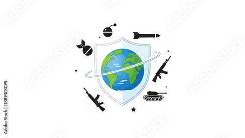 A shield with a globe surrounded by various weapons on a clean white background promoting peace with no war.