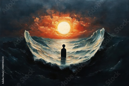 silhouetted figure standing in a dark ocean as towering waves part like wings beneath a glowing sun and fiery sky, evoking solitude and awe