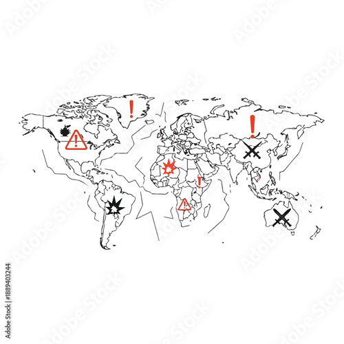 A world map with various symbols and markings indicating conflict and peace zones, featuring red and black icons on a white background, conveying a sense of global issues related to peace