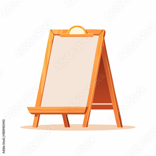 Blank wooden easel standing on a floor, viewed from the side, displaying a large blank signboard