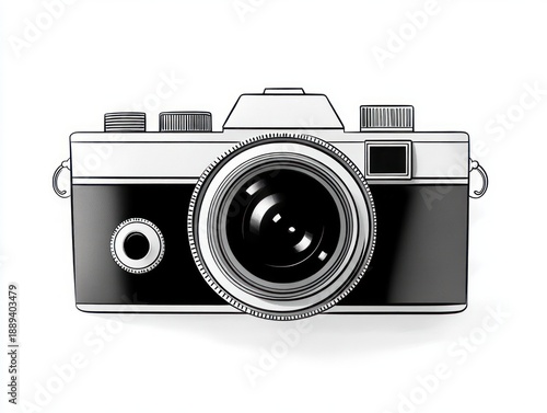 front-facing vintage film camera with large central lens, viewfinder, control dials and strap lugs on white background, nostalgic minimalist mood