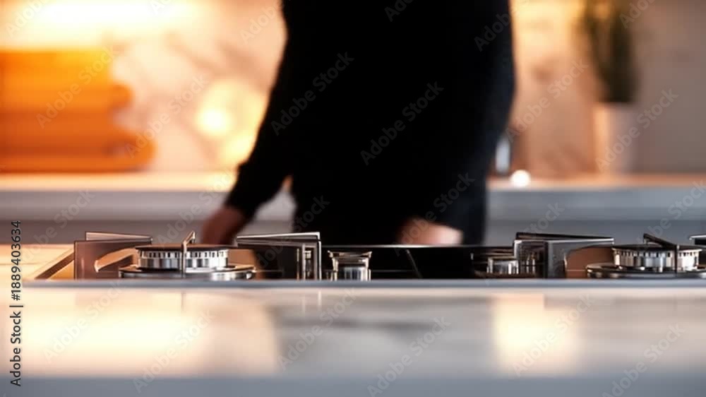 custom made wallpaper toronto digitalModern kitchen gas cooktop and gleaming counter, with blurred person in warm light