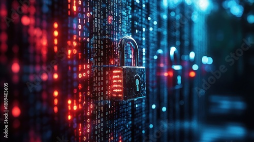 Close-up of multiple padlocks with glowing red and blue digital code background symbolizing cybersecurity and data protection