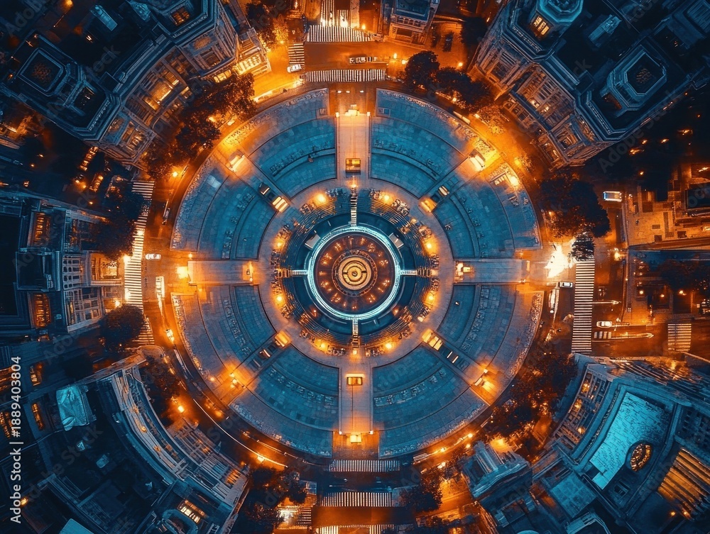 Fototapeta premium Aerial view of a glowing circular plaza at night with concentric rings, radial streets, crosswalks, cars and surrounding buildings, evoking a mesmerizing futuristic symmetry