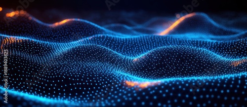 Mesmerizing blue digital wave mesh with glowing nodes and warm orange highlights, a futuristic immersive data landscape