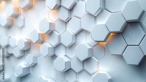 Three-dimensional interconnected hexagonal shapes forming a futuristic white and light gray honeycomb structure with subtle orange glowing highlights