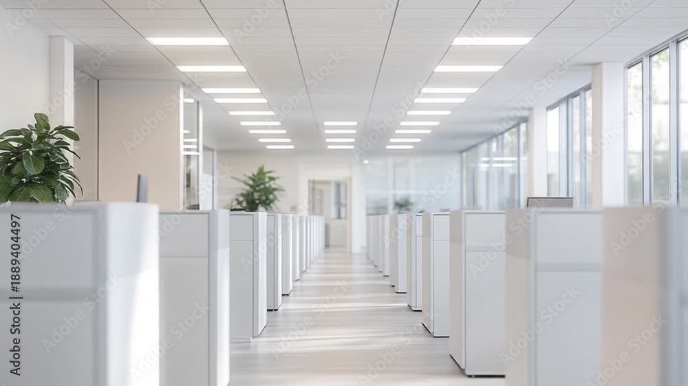 custom made wallpaper toronto digitalModern, bright office with white cubicles, indoor plants, and natural light from large windows