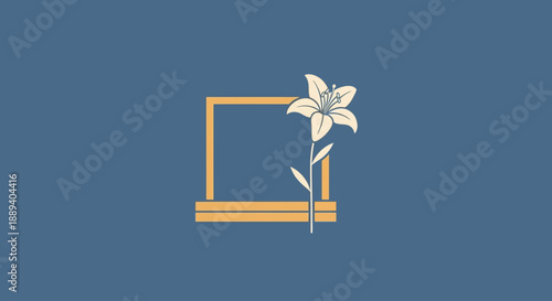 Elegant lily flower in modern minimalist frame on blue background