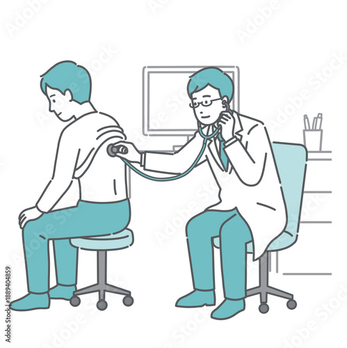 白衣を着用した男性医師による男性の背中の聴診イラスト