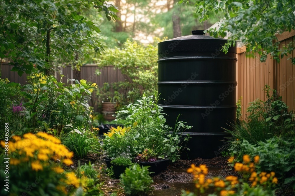 Naklejka premium Serene backyard garden with a large black water tank surrounded by lush green plants, yellow flowering beds, potted seedlings, a wooden fence and soft dappled sunlight