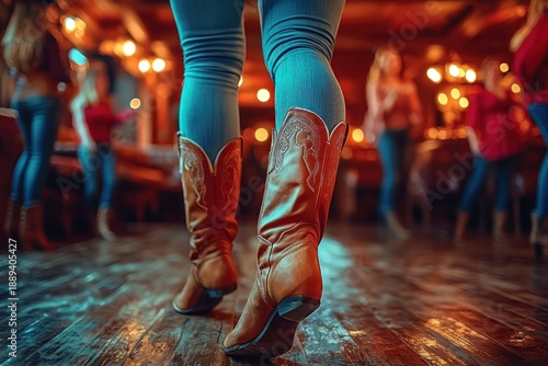 Close-up of legs in brown leather cowboy boots and jeans on a worn wooden dance floor in a warm lively country bar with blurred dancers and glowing lights, energetic social scene