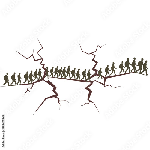 A group of people walking on a cracked line, symbolizing peace and no war, in a dark brown and white illustration with a sense of unity and contrast, on a plain background.