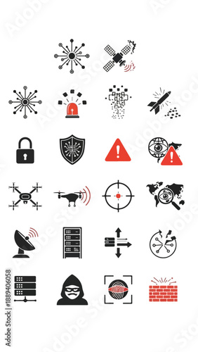 A collection of various black and white icons depicting symbols of conflict, security, and warning on a clean white background, conveying a sense of peace and no war.
