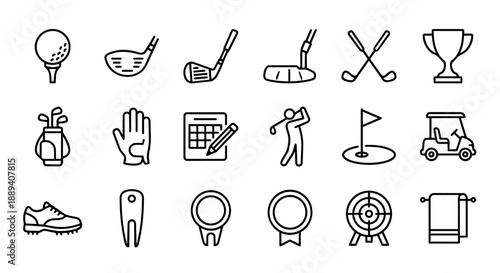 18 Golf Equipment and Professional Gameplay Outline Icons Set