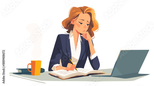 A businesswoman sitting at a desk working on a laptop and writing notes