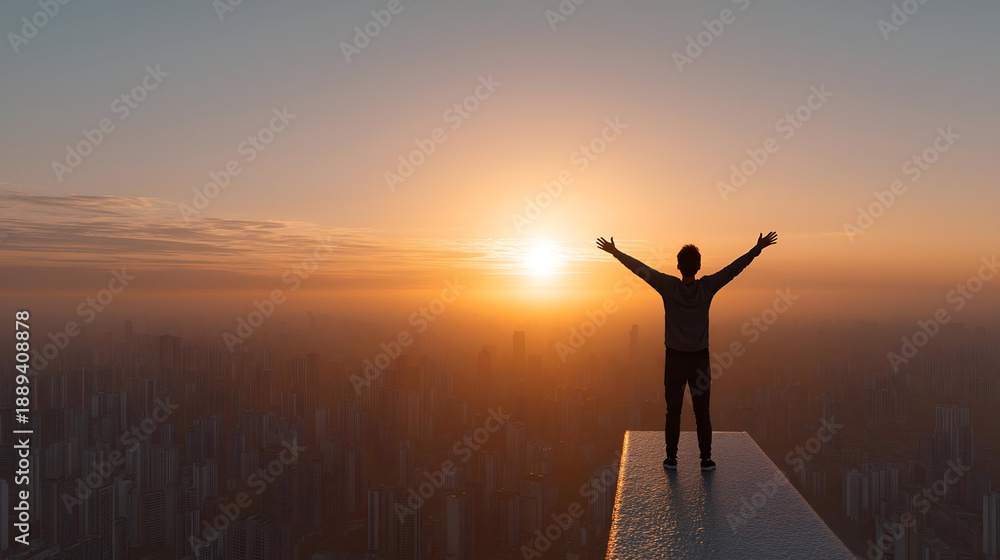 Fototapeta premium A person stands atop a building at sunset, arms raised, embracing the moment of triumph and freedom against a stunning skyline.