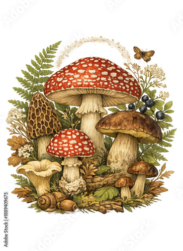 Vintage botanical mushroom arrangement