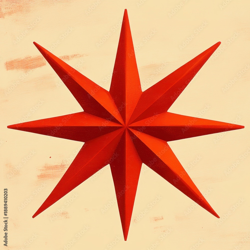 Obraz premium bright red eight-pointed star-shaped geometric sculpture casting shadows on a light beige textured background