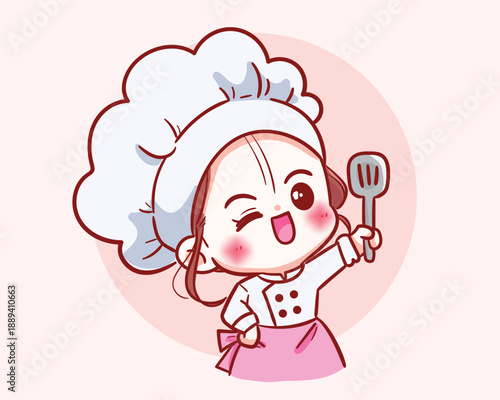Cute chef girl in uniform character holding a turner food restaurant logo cartoon art illustration