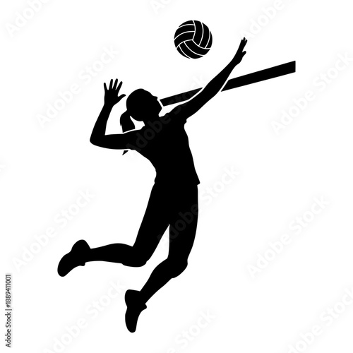 Volleyball player spiking ball action silhouette featuring athletic female in mid-air jump executing a powerful athletic move against white background vector