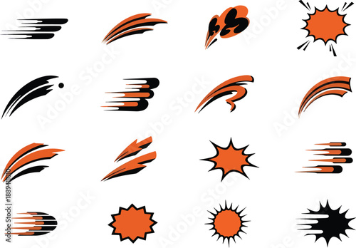 Sixteen orange and black graphic icons depicting motion streaks and impact bursts