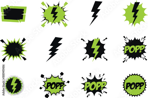 Twelve black and lime green graphic elements featuring lightning bolts and POP sound effects