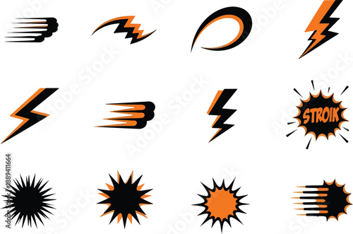 Twelve black and orange graphic icons featuring lightning bolts speed lines and starburst shapes