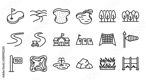 18 Golf Course Topography, Hazards, and Landscape Outline Icons