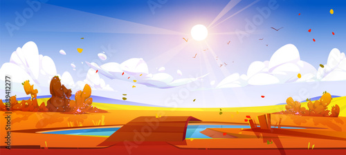 Cartoon autumn nature landscape, fall background