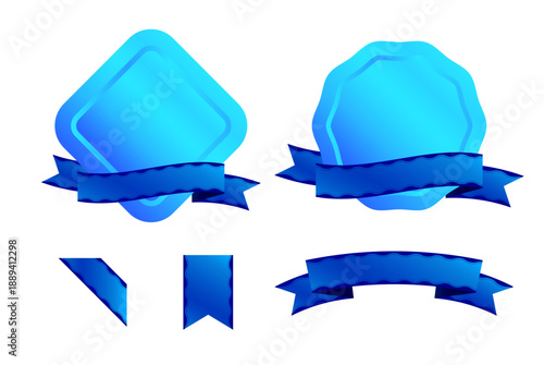 明るいブルーとシアンのメタリックなラベルとリボンのセット。デジタル技術、品質保証、アワードに最適な高級感のあるモダンなエンブレム素材。