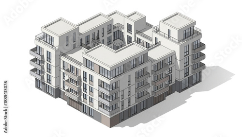 Modern Apartment Building with Balconies and Rooftop Terraces, Architectural Rendering