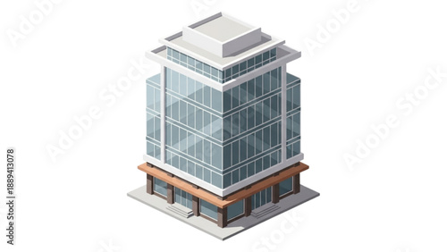 Modern glass office building exterior isometric view, a commercial real estate icon