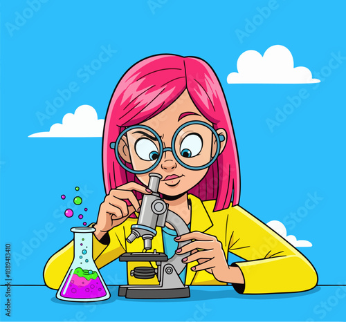 Enthusiastic female researcher with distinctive pink hair focused on microscopic exploration, symbolizing scientific inquiry and the excitement of discovery
