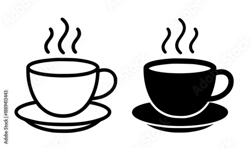 Coffee cup illustration icon, black and white in outline and silhouette style