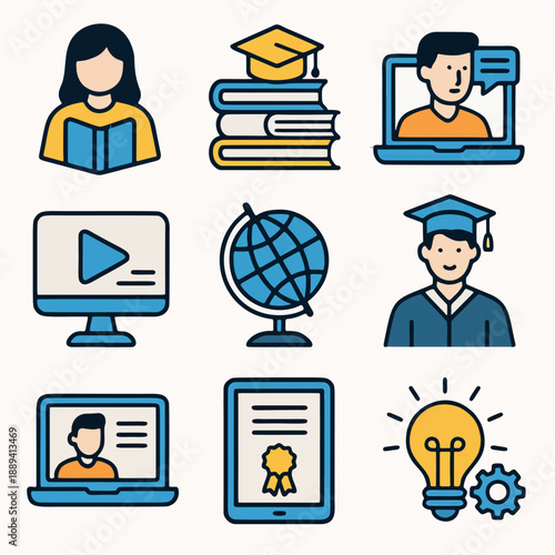Online education and learning icons representing graduation, books, laptops, and a bright idea bulb symbolizing knowledge and study for digital classrooms