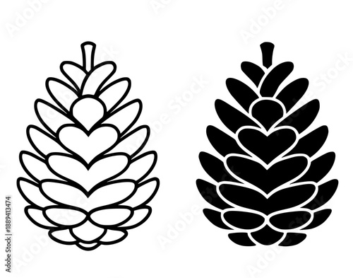 Pinecone illustration icon, black and white in outline and silhouette style