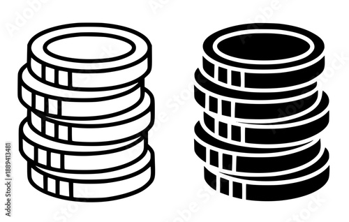 Icon illustration of stack of coins, black and white in outline and silhouette style.