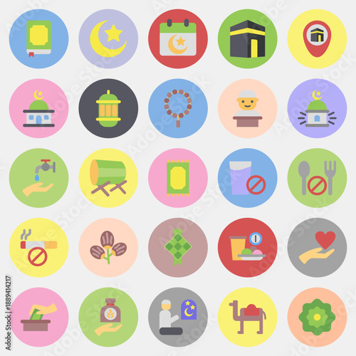 Icon set of ramadan kareem. Ramadan kareem elements. Icon in color mate style.