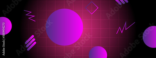 Retro aesthetic background featuring a neon pink grid with purple circles and zigzag elements